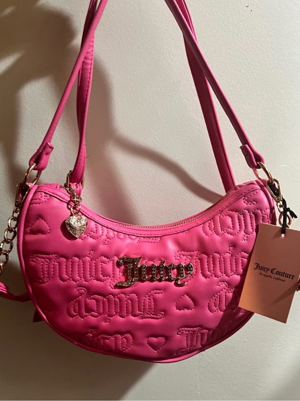 Juicy Couture Pink Quilted Crescent Shoulder Bag with Heart Charm